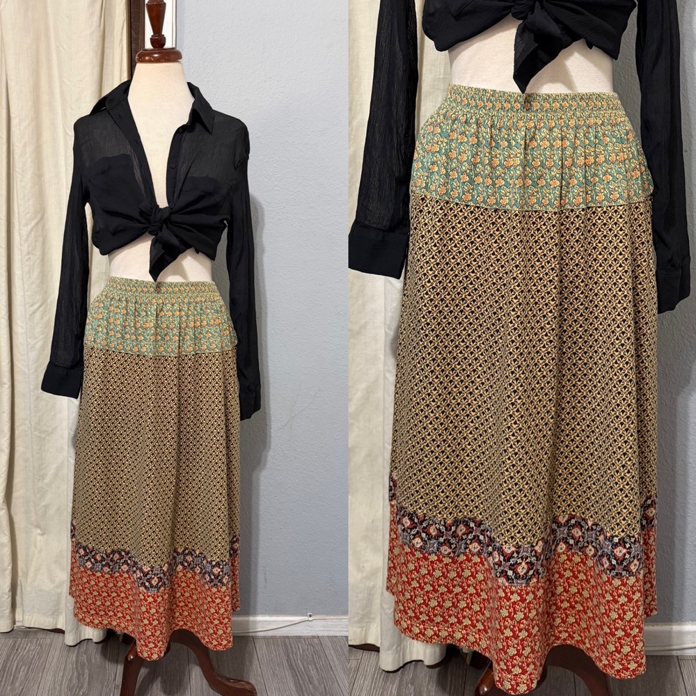 Carol Little Sport‎ Petites Vintage Midi Skirt M Mixed Print Cotton Pockets Boho